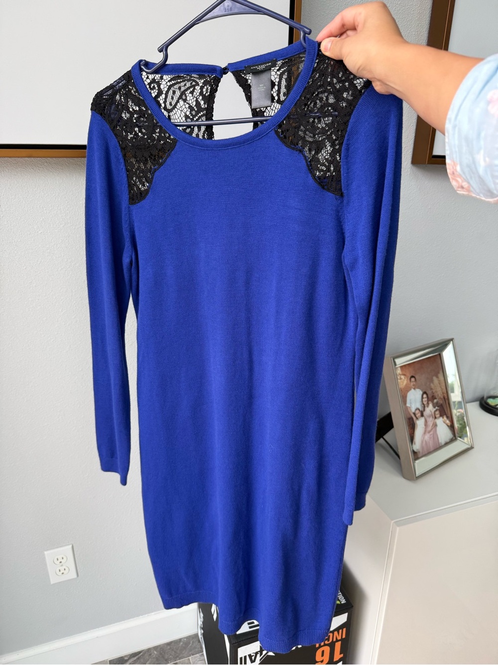 Ann Taylor Royal Blue Long Sleeve Dress with Black Lace Shoulders
